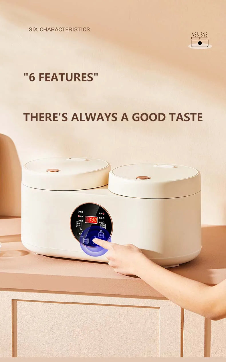 White double rice cooker with two lids and front digital control panel