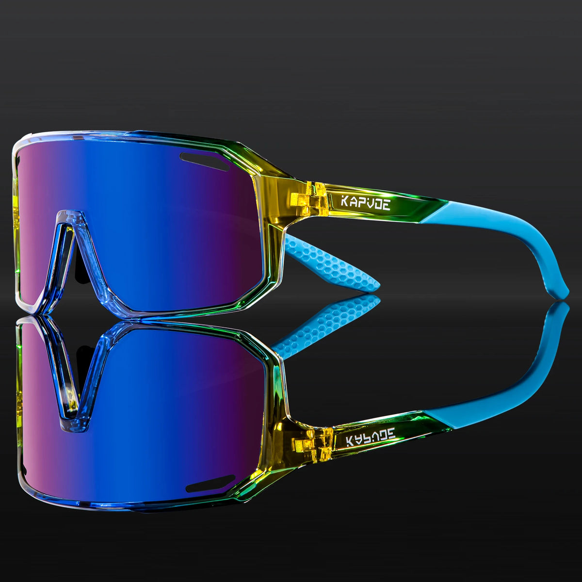 Kids polarized sport sunglasses with blue frame and iridescent mirrored lenses.