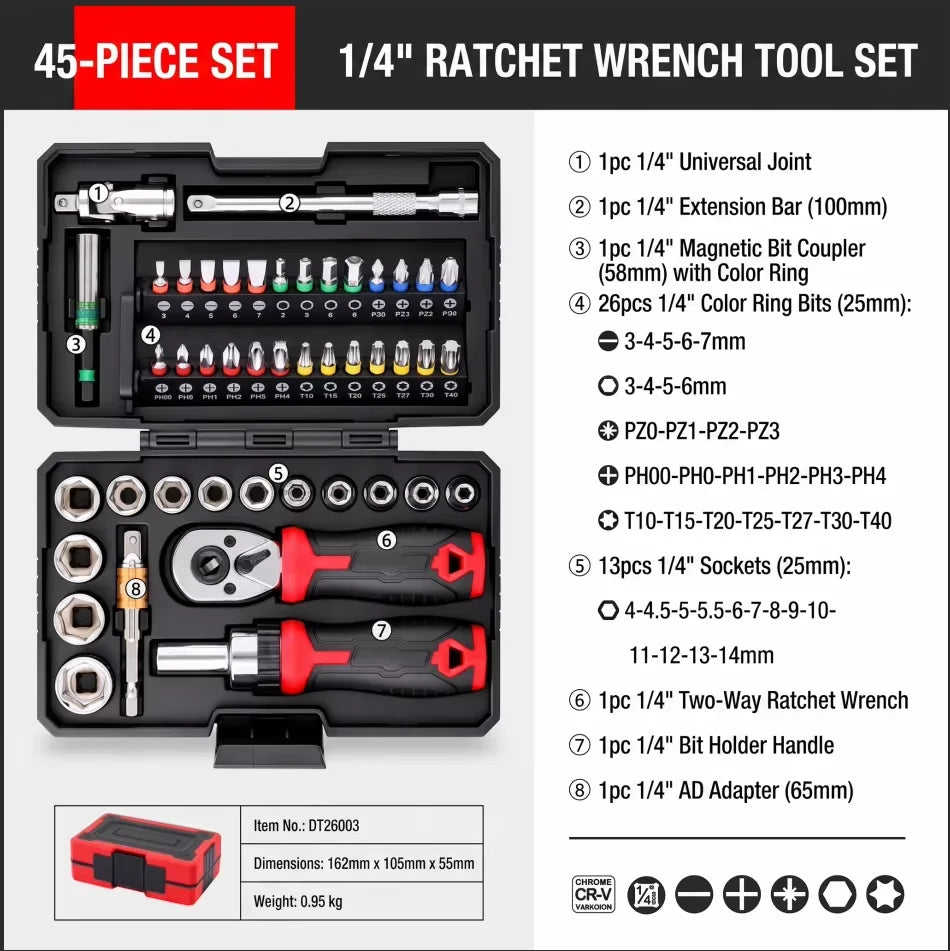 Hi-Spec 1/4" Drive Quick-Release 40 in 1 Ratchet Socket Bit Set Cr-V Steel Phillips/Slotted Screwdrivers for Repair & Hand Tools