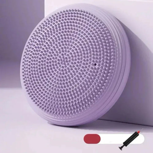 Inflatable core balance pad 34cm for smart yoga mats, lavender PVC stability trainer, side angle view with hand pump.