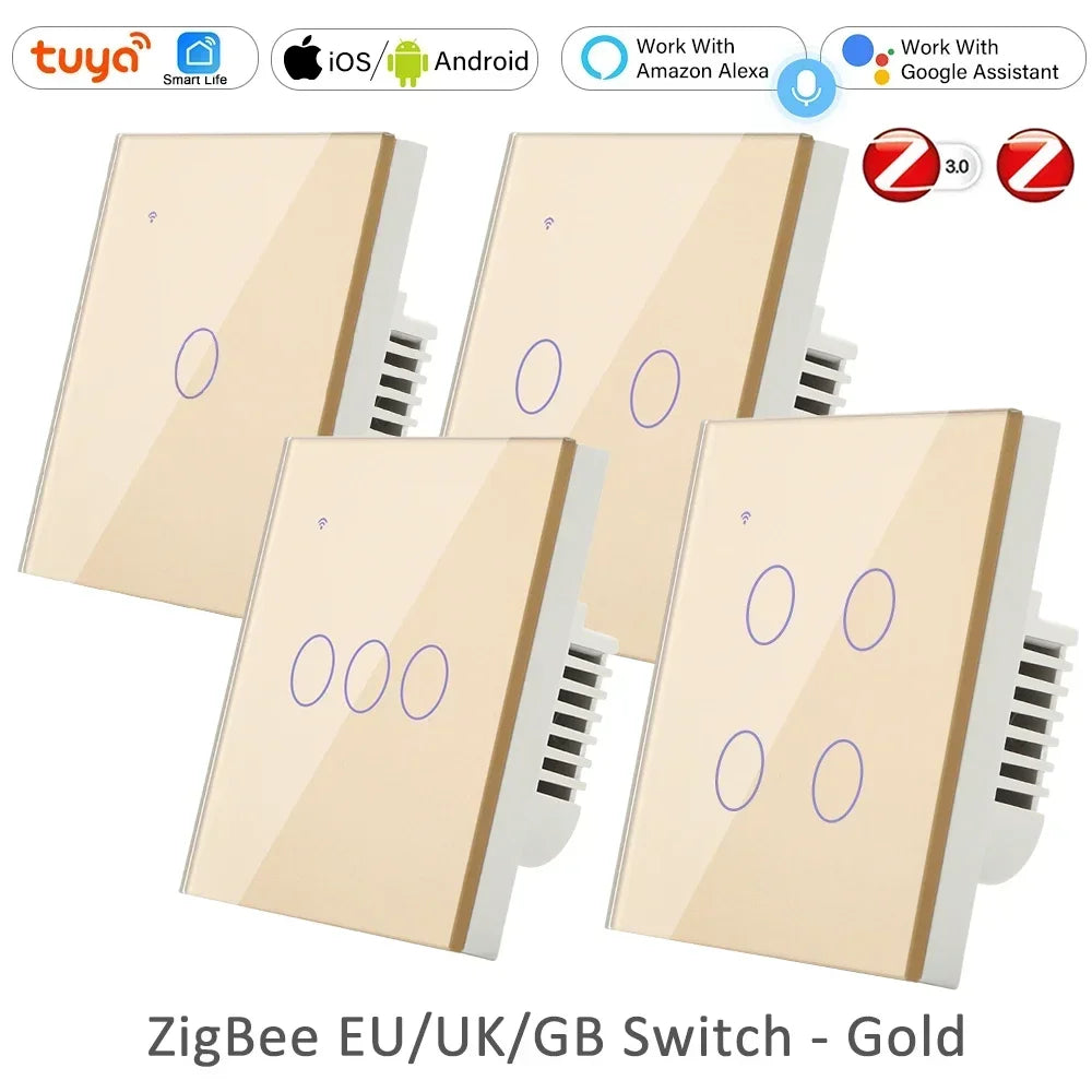 ZigBee 1 2 3 4 Gang with No Neutral Smart Touch Light Switch EU Europe UK Wall Button Tuya Power 2 3 Way Alexa Smart Home Voice