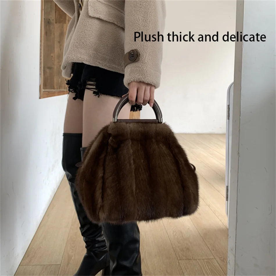 Women's Mink Fur Handbag 2026 New Fashion Designer Fluffy Fur Wrist Bag Large Capacity Soft Shopping Bag Girl Cute Handbag
