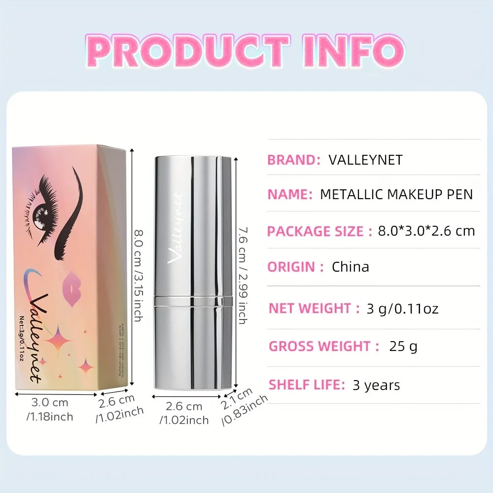ValleyNet metallic glitter lipstick with shiny silver casing and decorative eyelash print packaging.