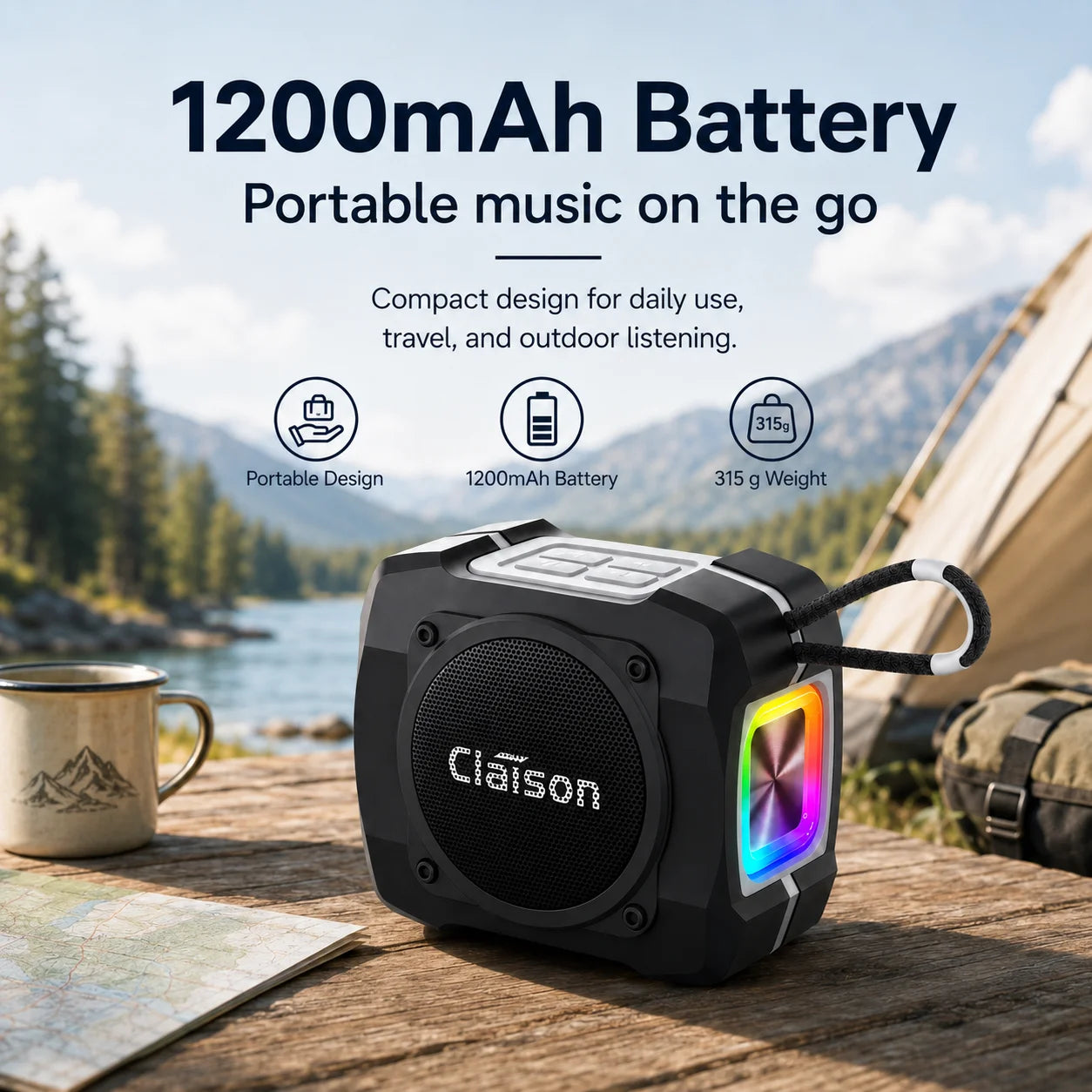 Portable Bluetooth Speaker, Bluetooth 5.3, TWS Pairing, 52mm Driver, 5W Output, 1200mAh Battery, RGB Light, FM Radio, TF Card and USB Playback, IPX6 Water Resistant Design for Outdoor, Camping, Travel and Home Use