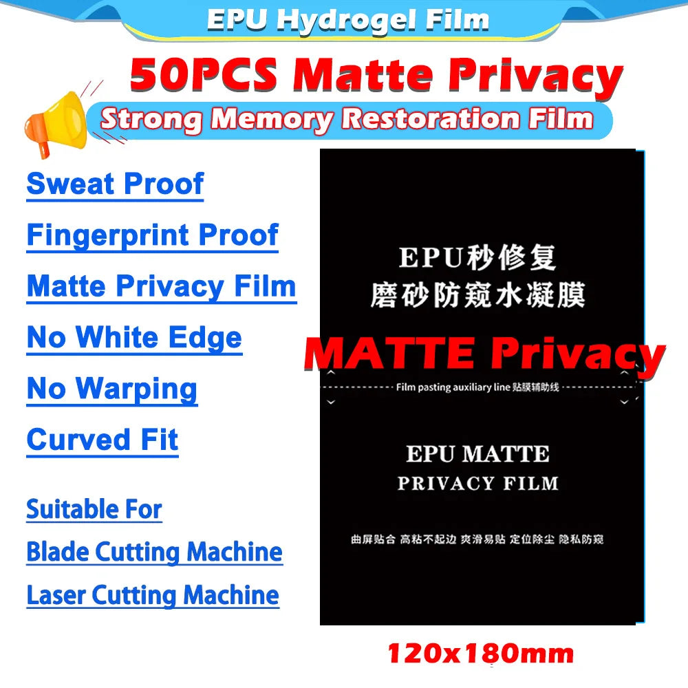 50Pcs MZSeries 120x180mm Matte Anti-peep HD Privacy Flexibility Hydrogel Film For Mobile Phone Screen Protector Cutting Machine