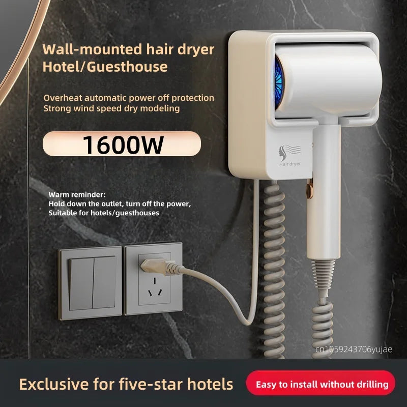 White wall-mounted 1600W hotel hair dryer with blue light, non-punching design, and auto-off safety.