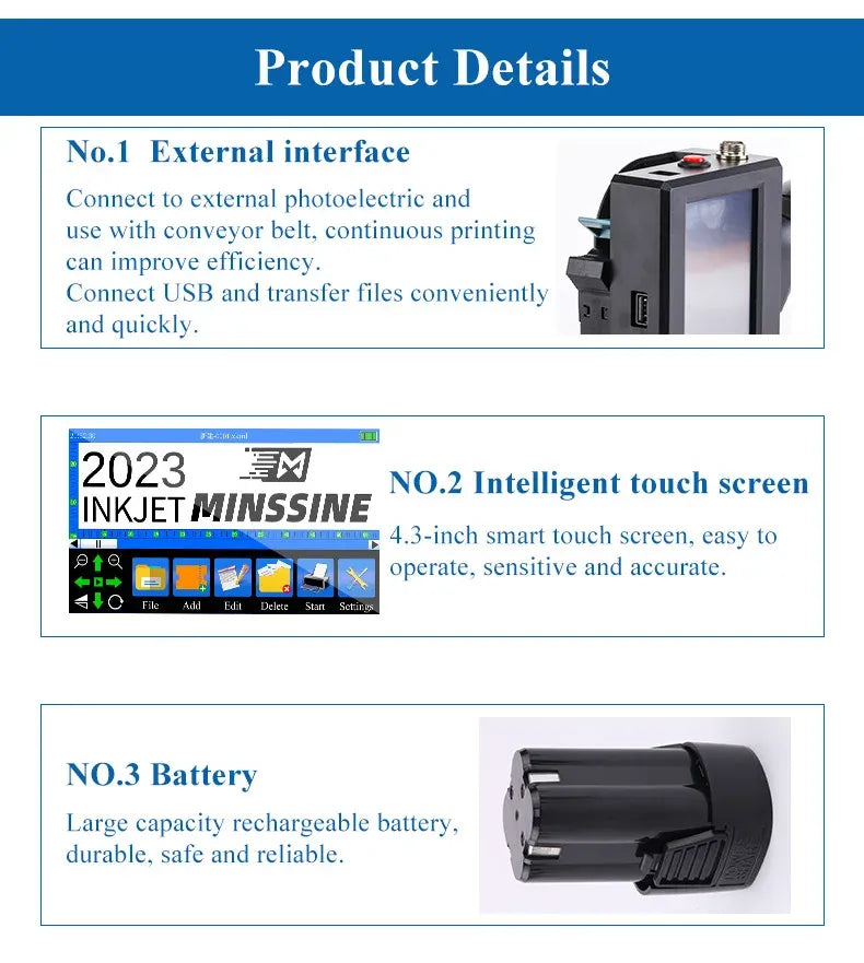 Portable inkjet printer showing external interface, touch screen panel, and battery
