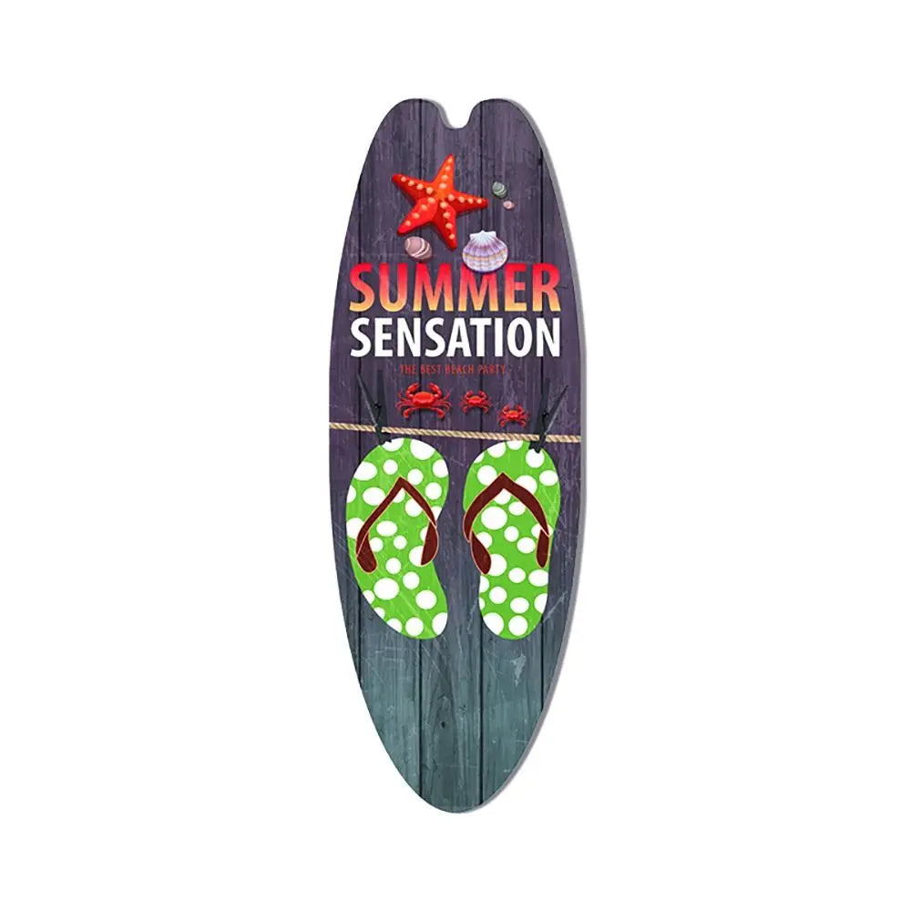 Wood surfboard hanging sign, dark blue “Summer Sensation” with starfish and flip-flops