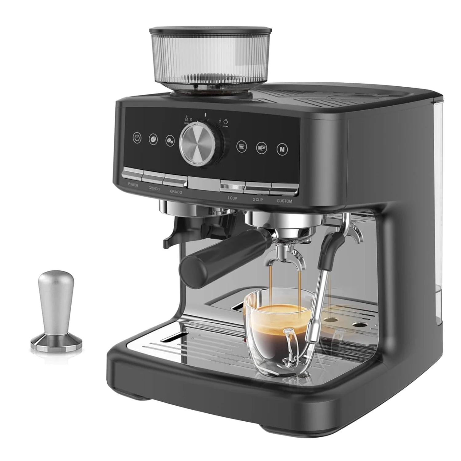 Matte black espresso machine with integrated grinder, milk frother, portafilter, and metal tamper on white background.