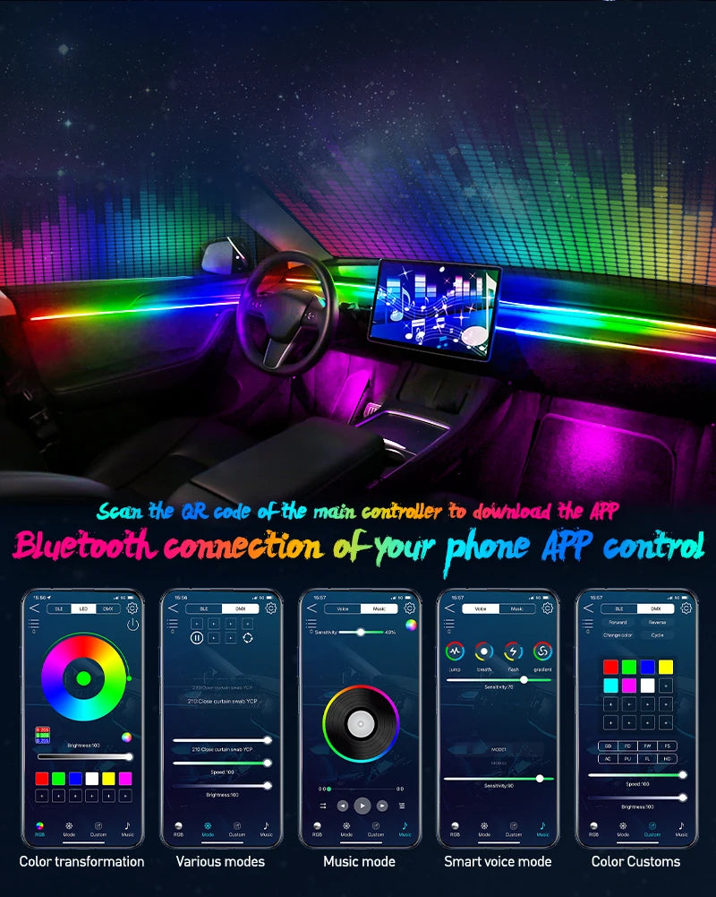 Car interior LED ambient lighting strip with multicolor app-controlled settings shown on five smartphone screens.