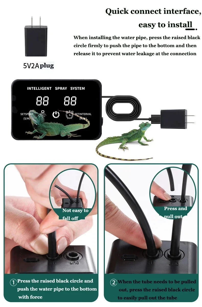 Quick-connect spray timer interface with power adapter and tubing connection parts