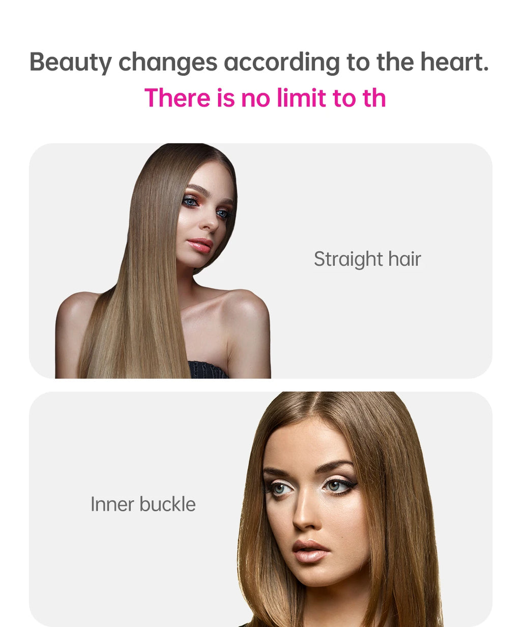 2-in-1 hair straightener and curling iron styling tool for sleek straight hair and inner buckle salon styles.