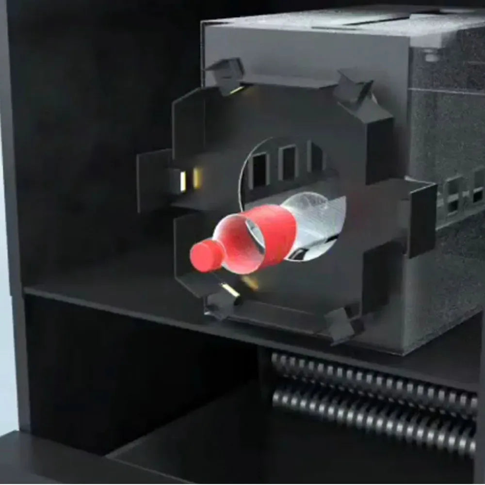 Black barcode scanner module with internal red light emitter and metallic parts