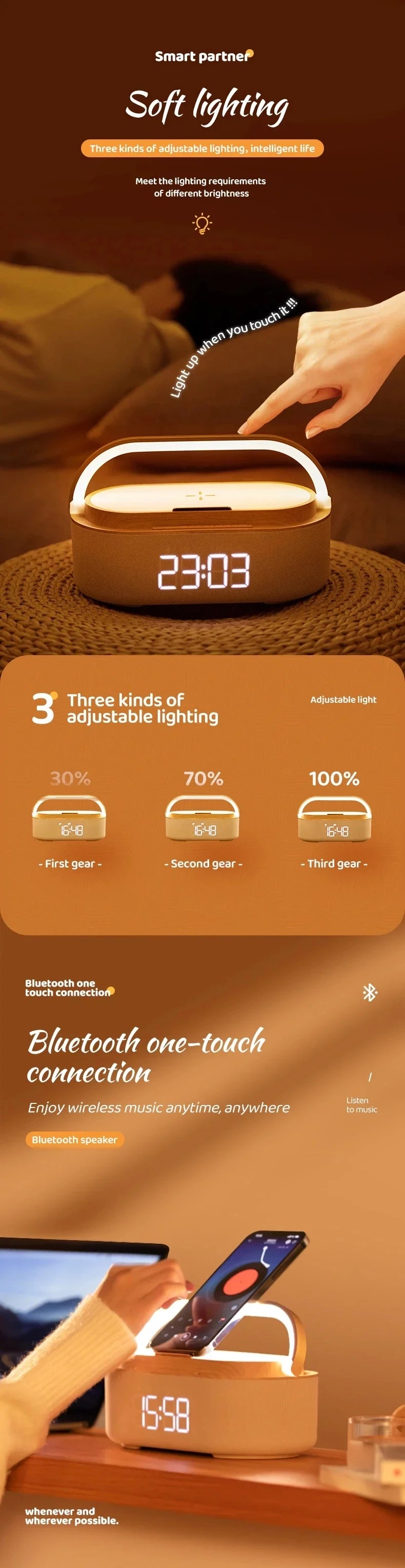 Portable Bluetooth Speaker Wireless Charging FM Radio Alarm Clock Sound Box Music Caixa De Som Charger Lamp Night Light Bocina