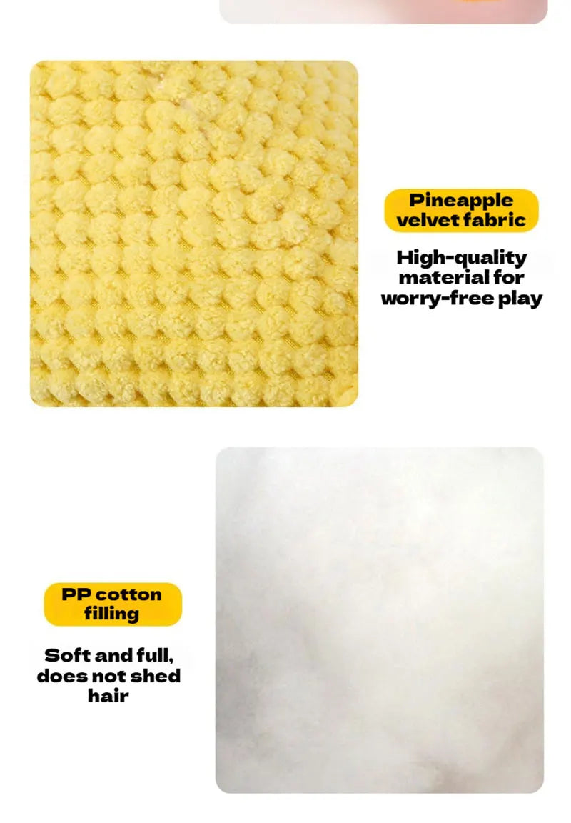 Yellow plush duck dog toy, bite-resistant pineapple velvet fabric with soft PP cotton for interactive pet play.