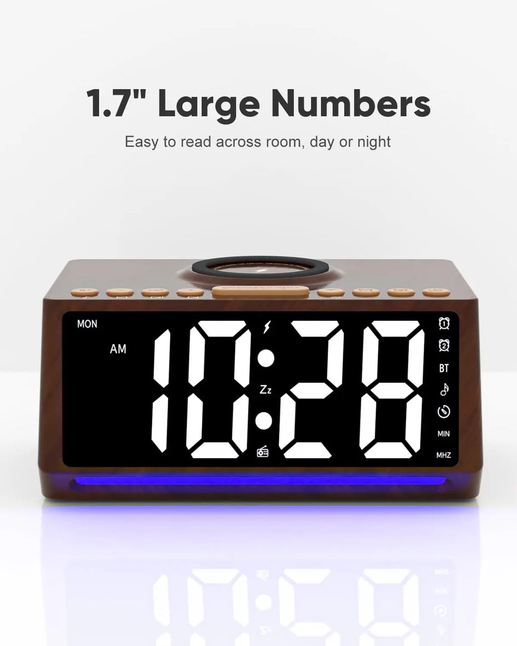 Wooden Digital Alarm Clock with Wireless Charger & Bluetooth Speaker Tidesmit