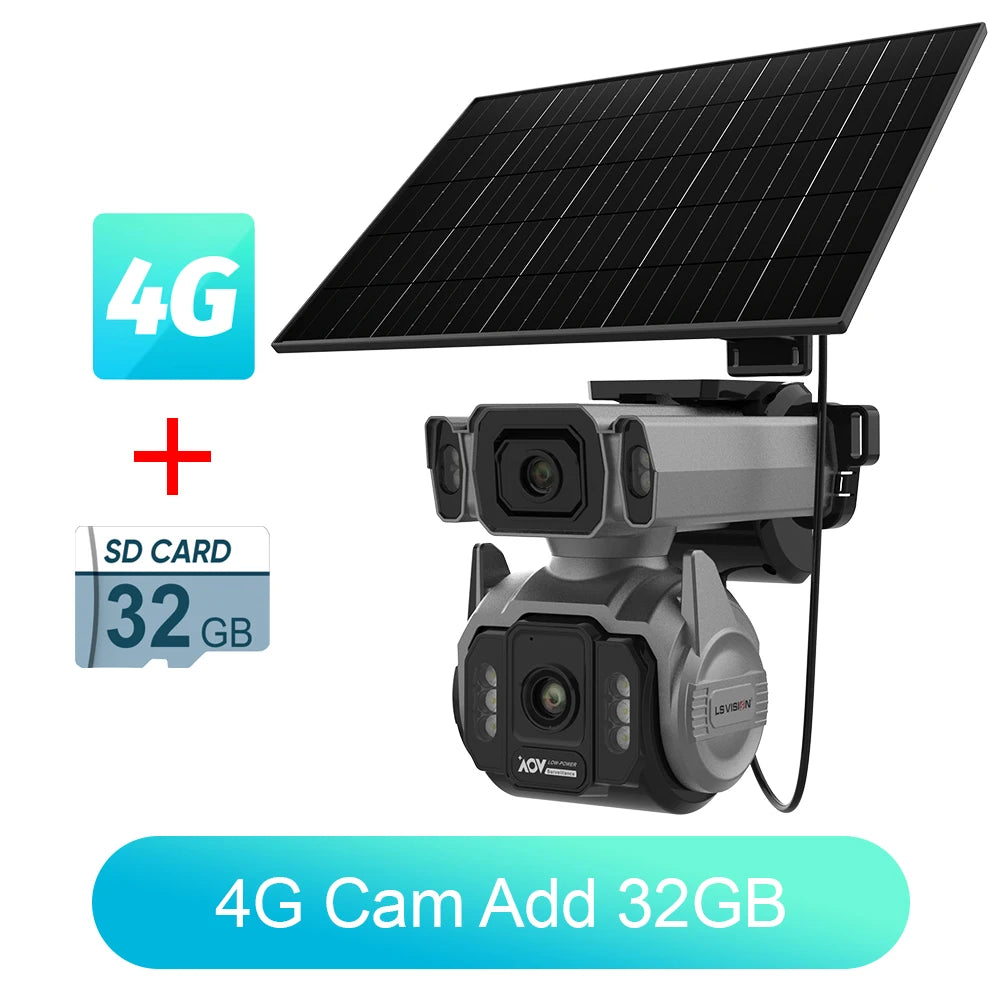 Outdoor solar surveillance camera with 4G, dual lens, bundle with 32GB SD card