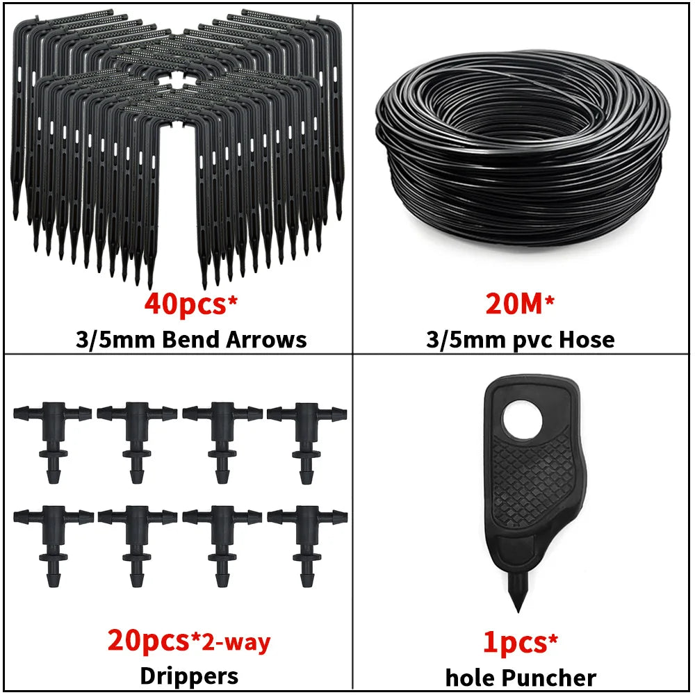 2-way drip irrigation kit with 3/5mm bend arrow stakes, coiled hose, and hole puncher