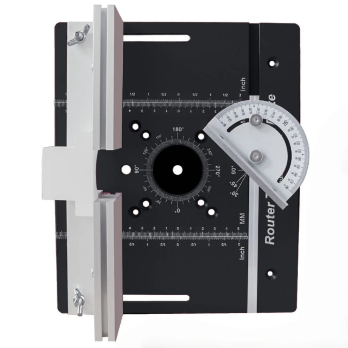 Black router table insert plate with white guide markings and adjustable lift bracket