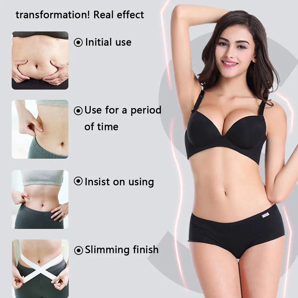 A comparison graphic showing a woman's body transformation stages alongside a fitness model in black lingerie.