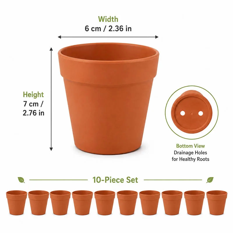 Terracotta mini round plastic flower pots, 7 cm tall, 6 cm wide, 10-piece set