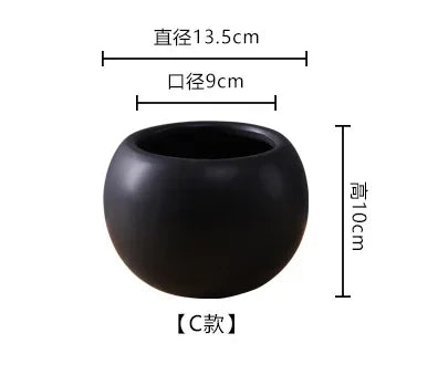 Black ceramic hydroponic plant pot, round bowl shape with wide top opening