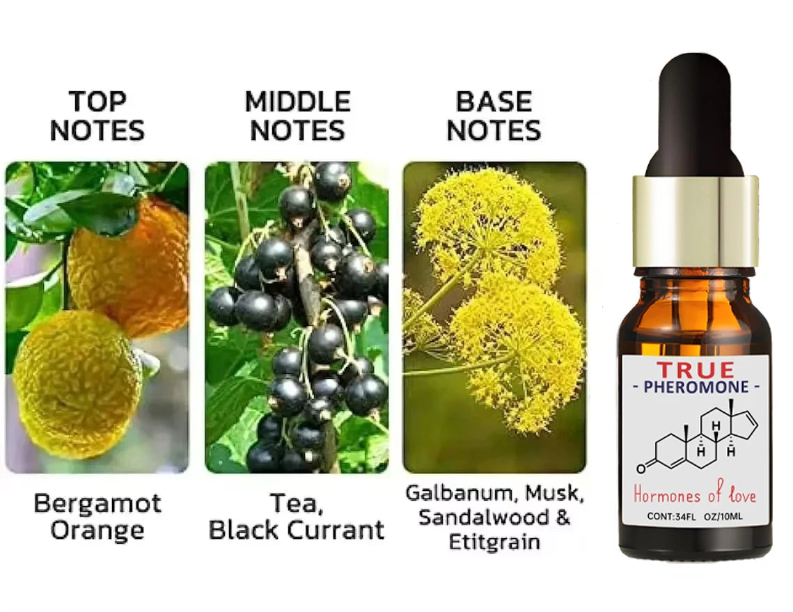 True Pheromone essential oil dropper bottle. Notes: bergamot, tea, black currant, musk, sandalwood. Long-lasting scent.
