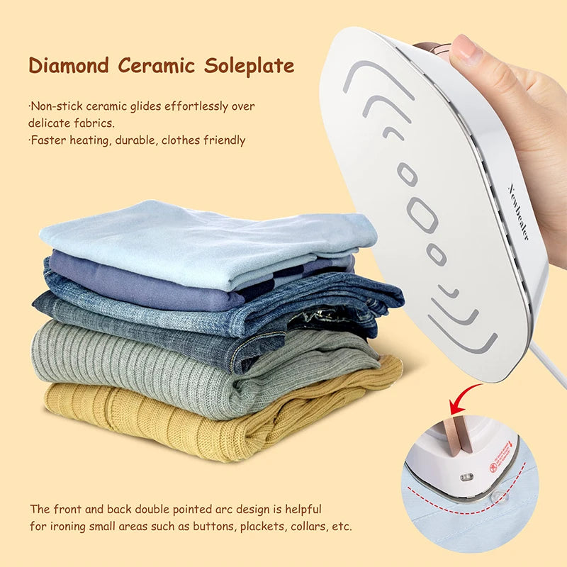 Tidesmit mini handheld travel iron showing compact lightweight design for 120V and 220V dual voltage ironing