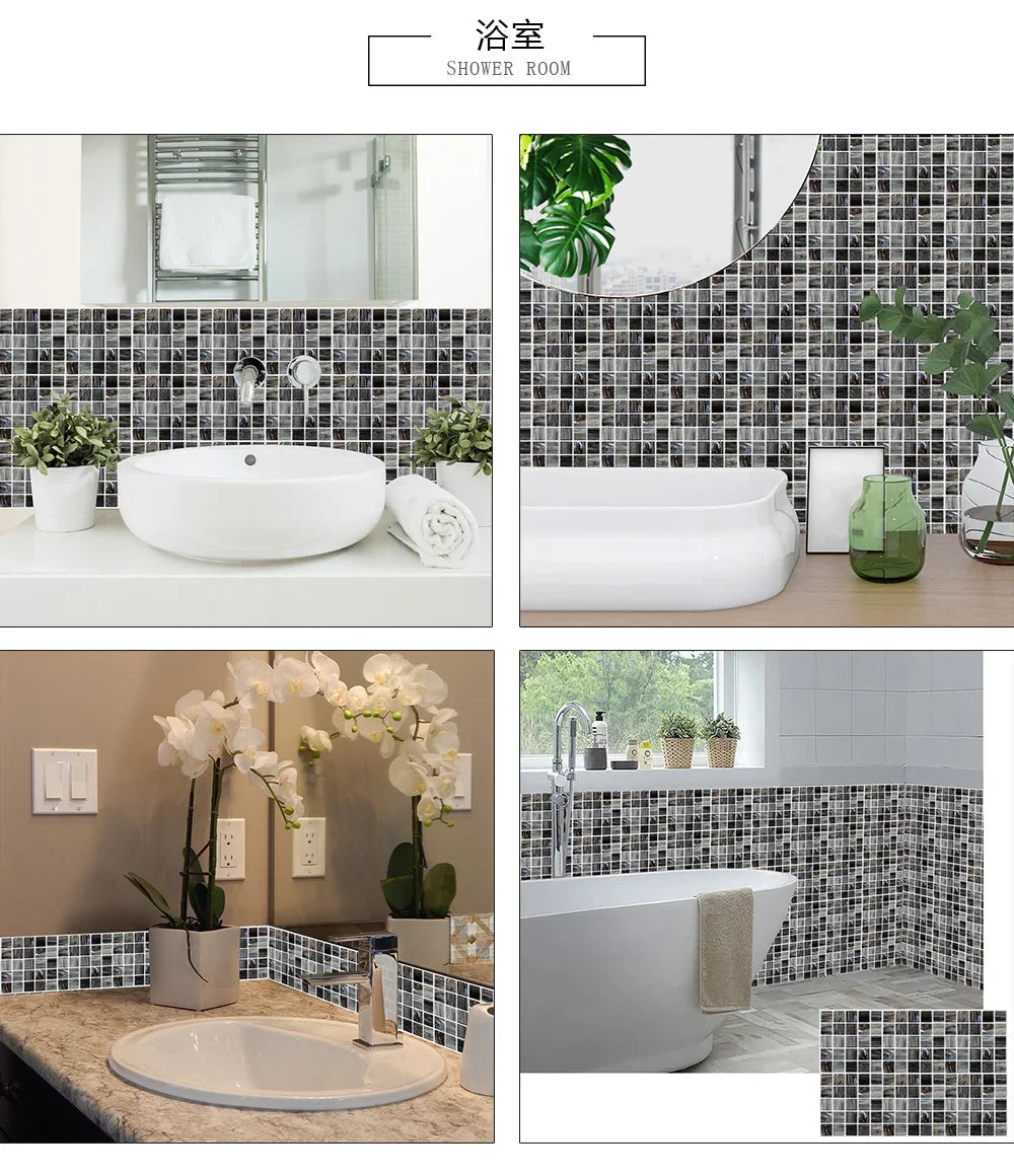 10pcs/set 10/15/20/30cm Flat Marble Mosaic Hard Tiles Wall Sticker Kitchen Bathroom Floor Diagonal Decor Wallpaper PVC Art Mural
