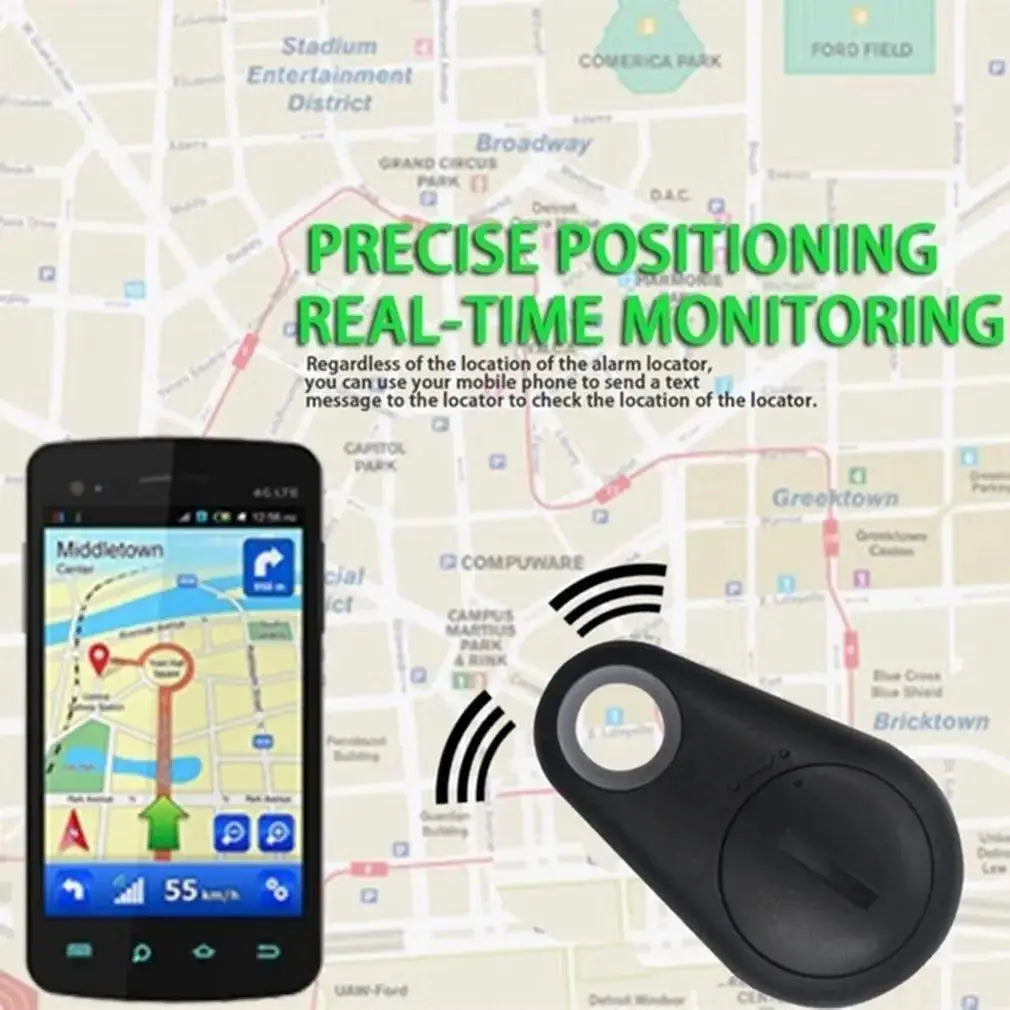 Black mini Bluetooth GPS pet tracker with real-time app location monitoring for dogs, cats, and keys.