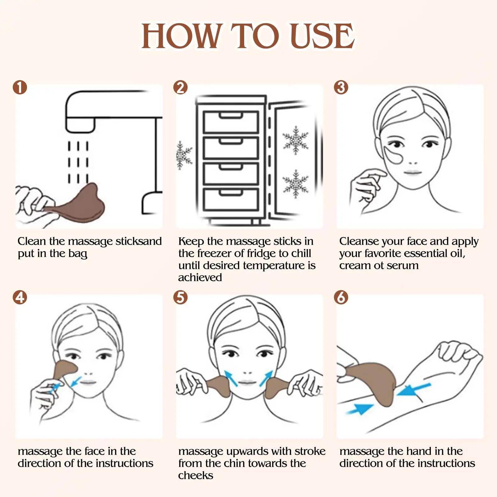 Six-step instructional infographic showing how to clean, freeze, and use stainless steel Gua Sha cryo sticks.