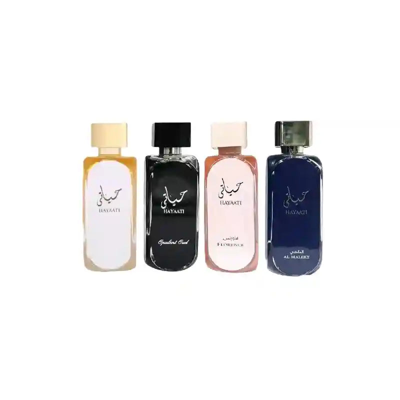 Hayaati Arabic perfume set: rectangular bottles, Opulent Oud & Al Maleky scents. Long-lasting luxury cologne for men.