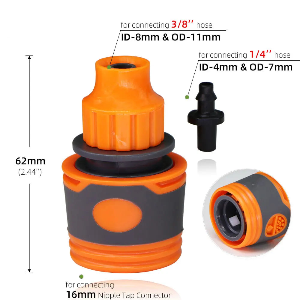 Orange and black nipple tap connector with 62mm height; attaches to 1/4-inch hoses