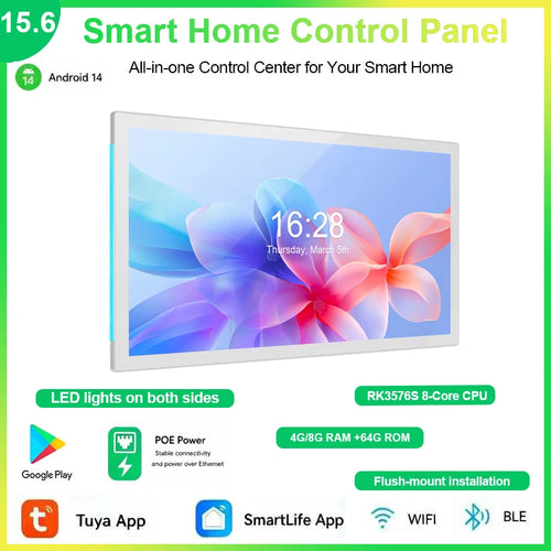 15.6" white smart home tablet with slim bezels, side LED lights, IPS touch display, POE support, and flush-mount design.