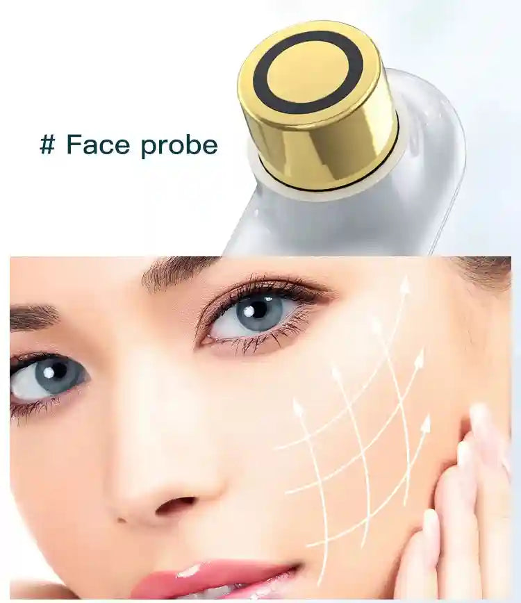 A white beauty device with a gold circular face probe, shown next to a woman's face with directional lifting arrows.