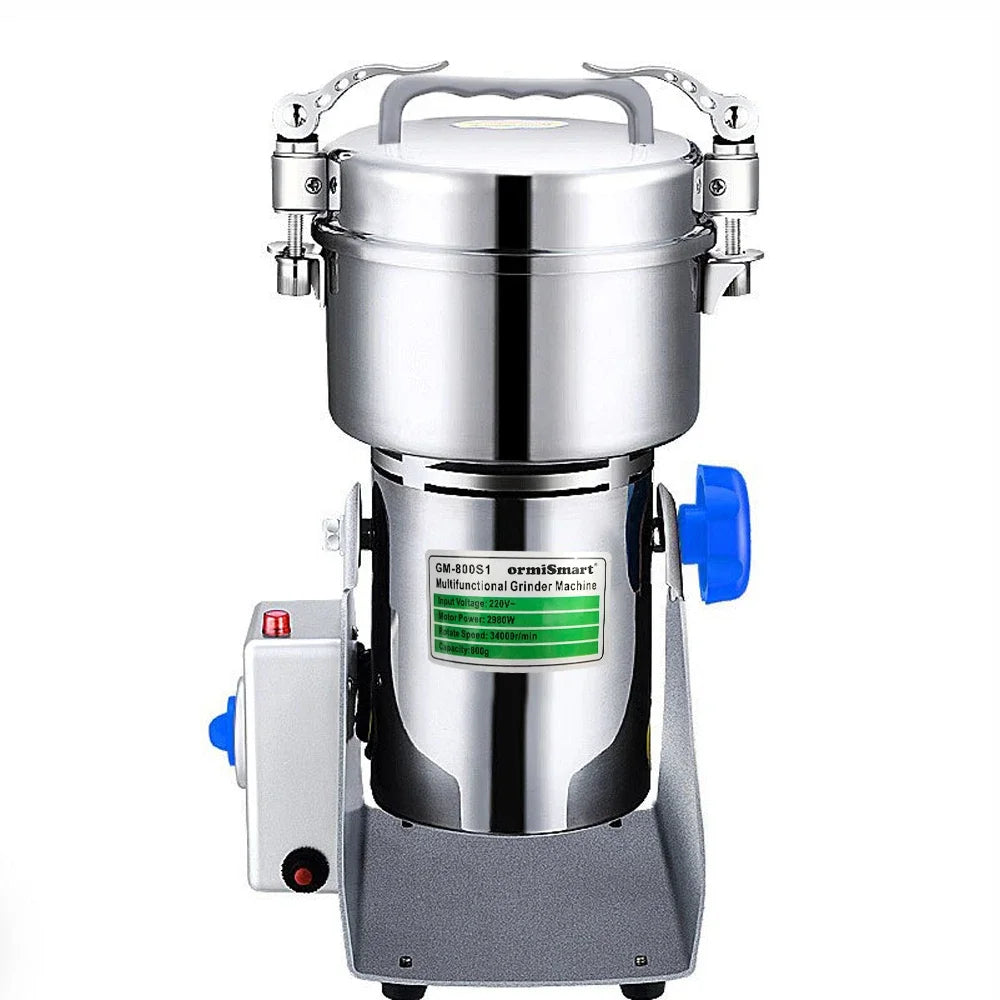 OrmiSmart 800g stainless steel multifunctional electric grain and coffee grinder machine with silver finish.