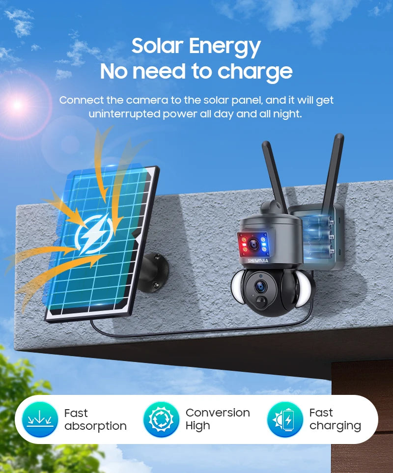 Outdoor solar security camera with dual lenses and extendable solar panel on wall