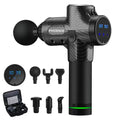 Black carbon-fiber handheld massage gun with six interchangeable heads, digital display, and a carrying case.
