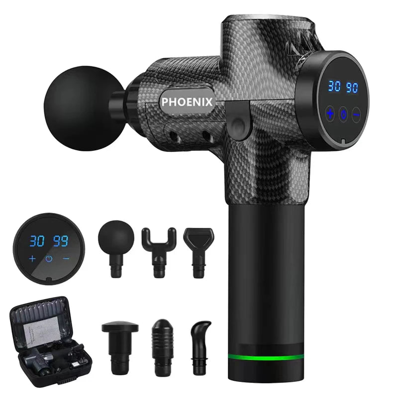 Black carbon-fiber handheld massage gun with six interchangeable heads, digital display, and a carrying case.
