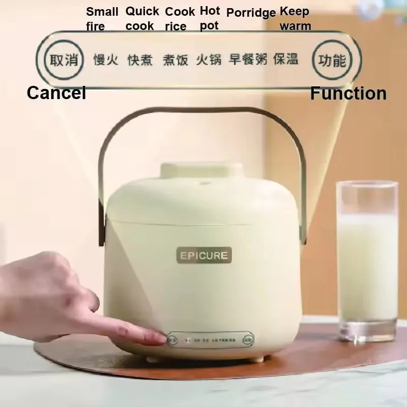 White electric hot pot rice cooker, EPICURE, front control dial and handle