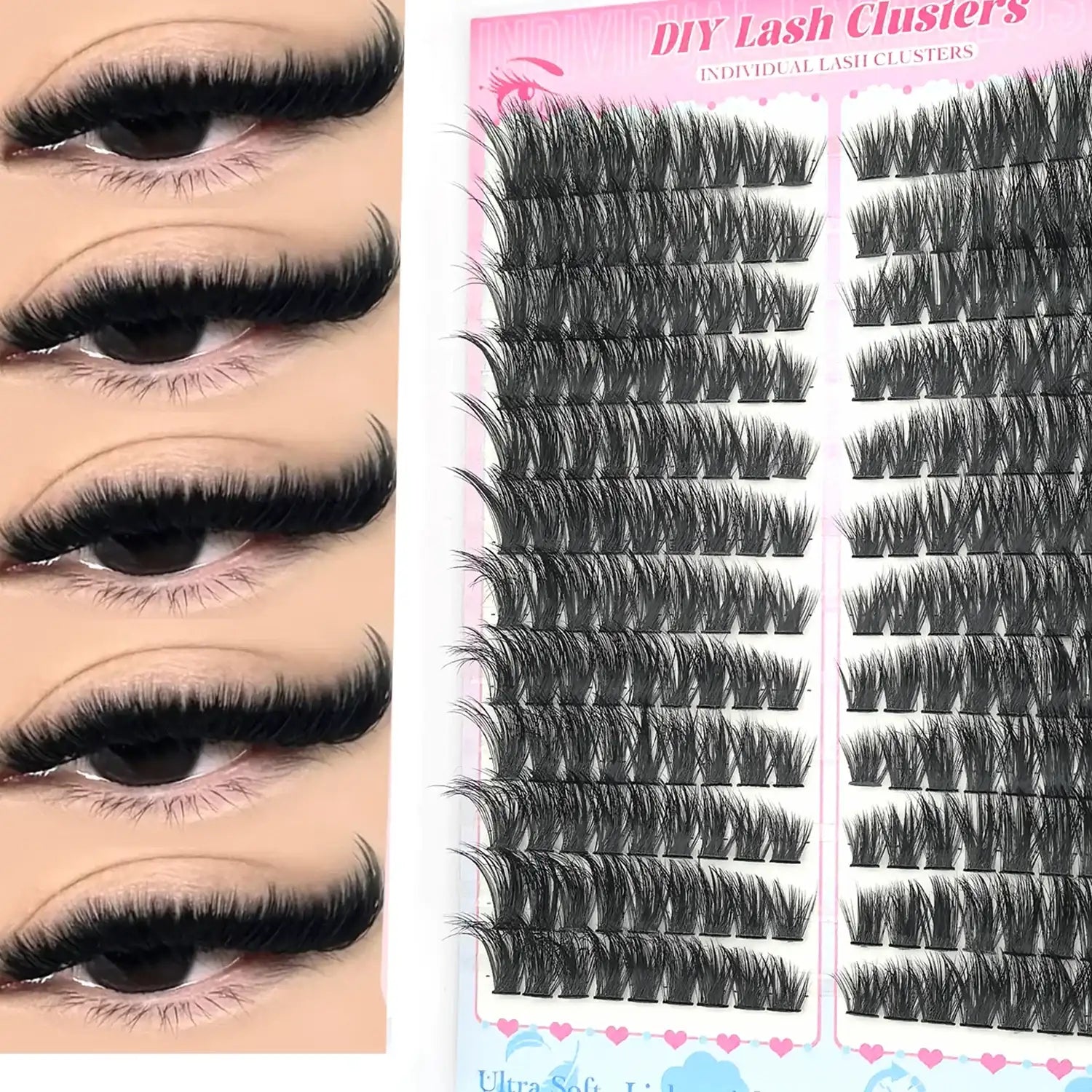 Black DIY lash clusters on a tray next to close-ups of eyes wearing the voluminous, ultra-lightweight lash style.