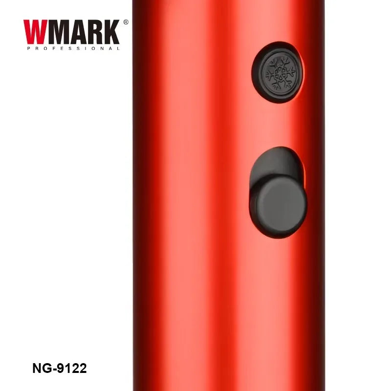 WMARK NG-9122 professional red high-speed hair dryer handle with black cool shot and speed control buttons.