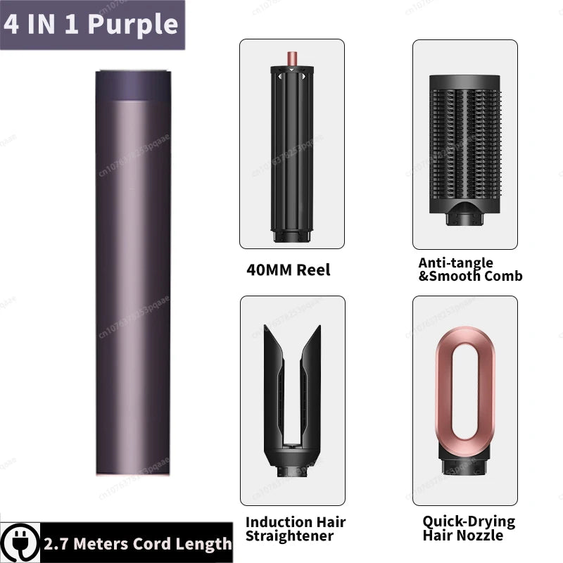 Sencimen X19 purple 4-in-1 hair styler set with auto-curling barrel, smoothing comb, straightener, and dryer nozzle.