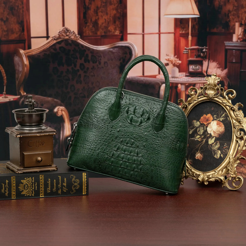 2024 Large Crocodile Leather Women's Bag Fashion Bowling Lady Handbag Genuine Leather Shuolder Crossbody Bag Travel Shell Bag 45