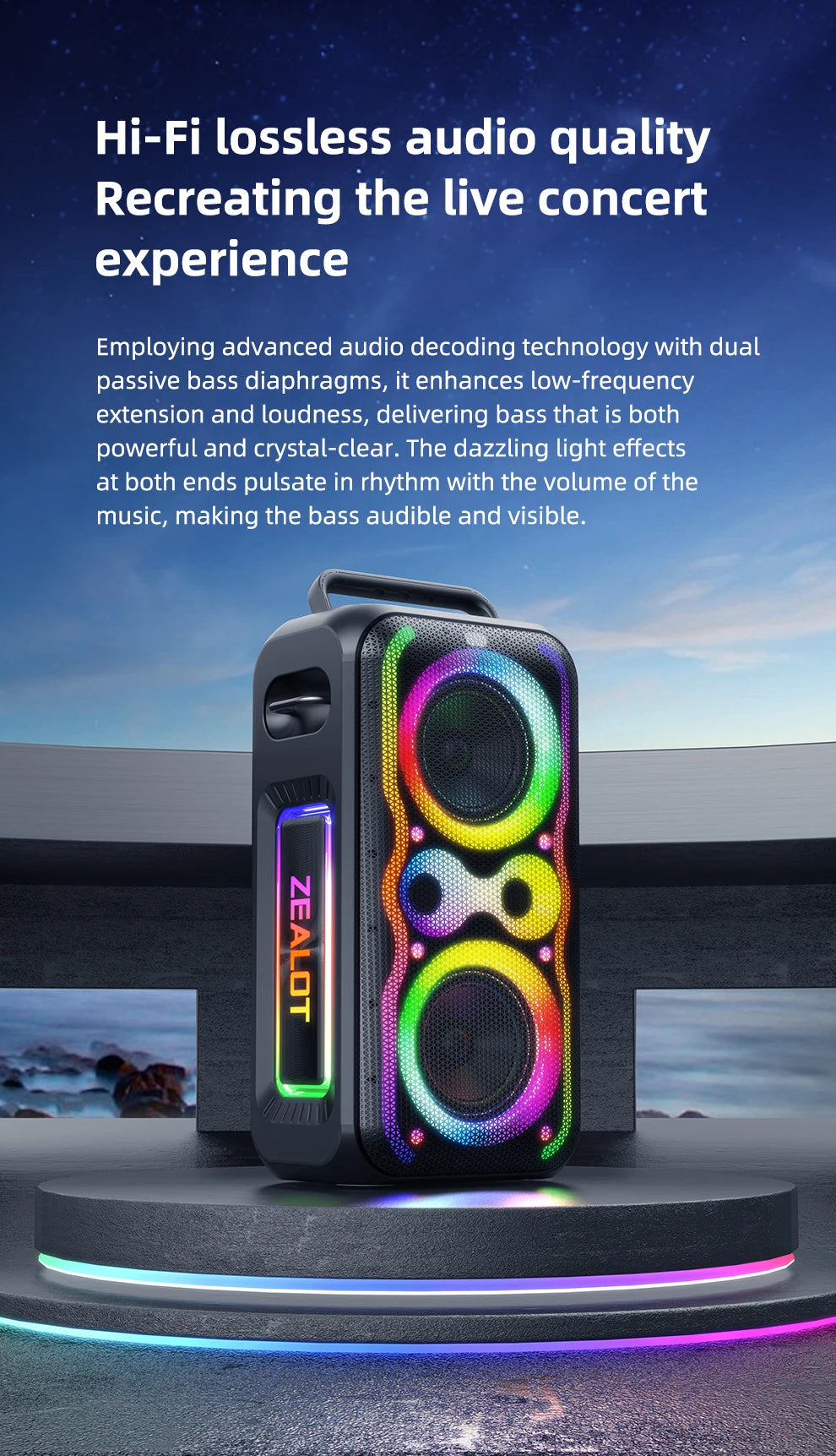 Zealot-PT21 Large Portable Bluetooth Speaker Loudest，200W Deep Bass, V5.3 Big Party Boombox Wireless Speaker For Camping Hiking