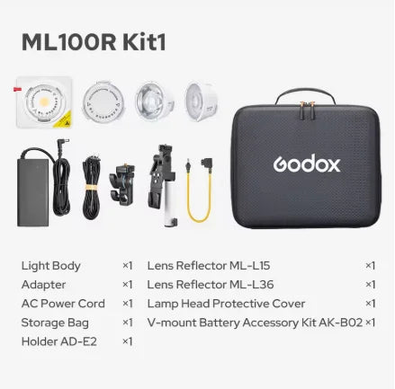 ML100R Kit1 studio light set with reflectors, power adapter, mount, and protective storage case.