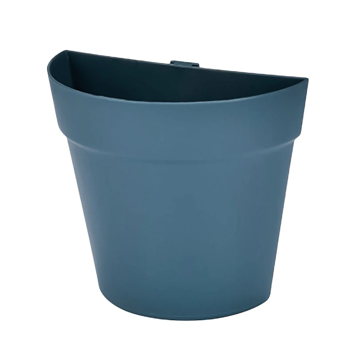 Semi-circular plastic wall-mounted flower pot, dark blue, with top hanging clip.