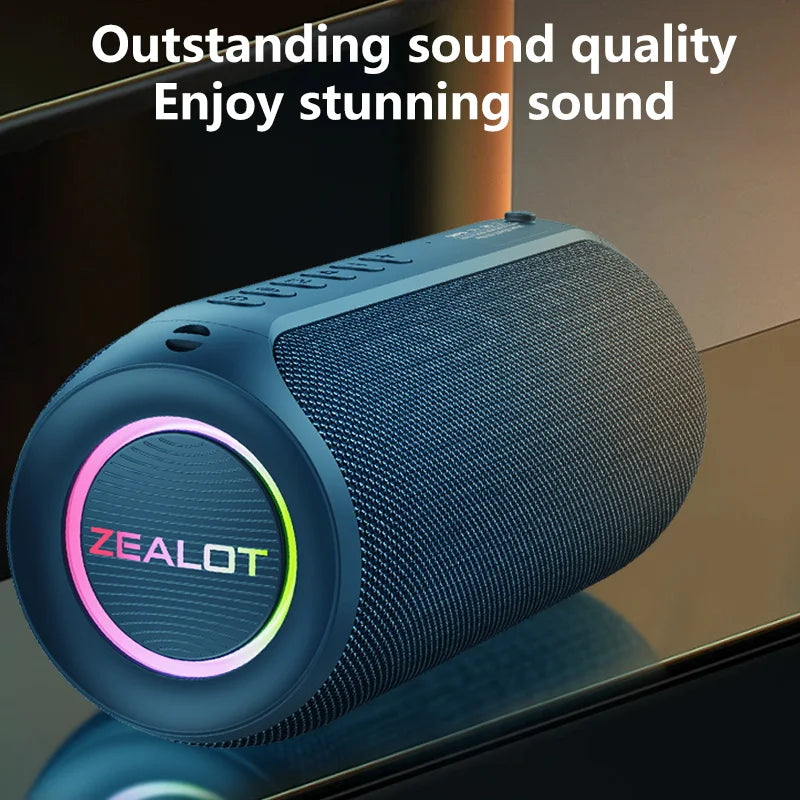Zealot portable outdoor subwoofer speaker in dark teal, LED ring and fabric grille