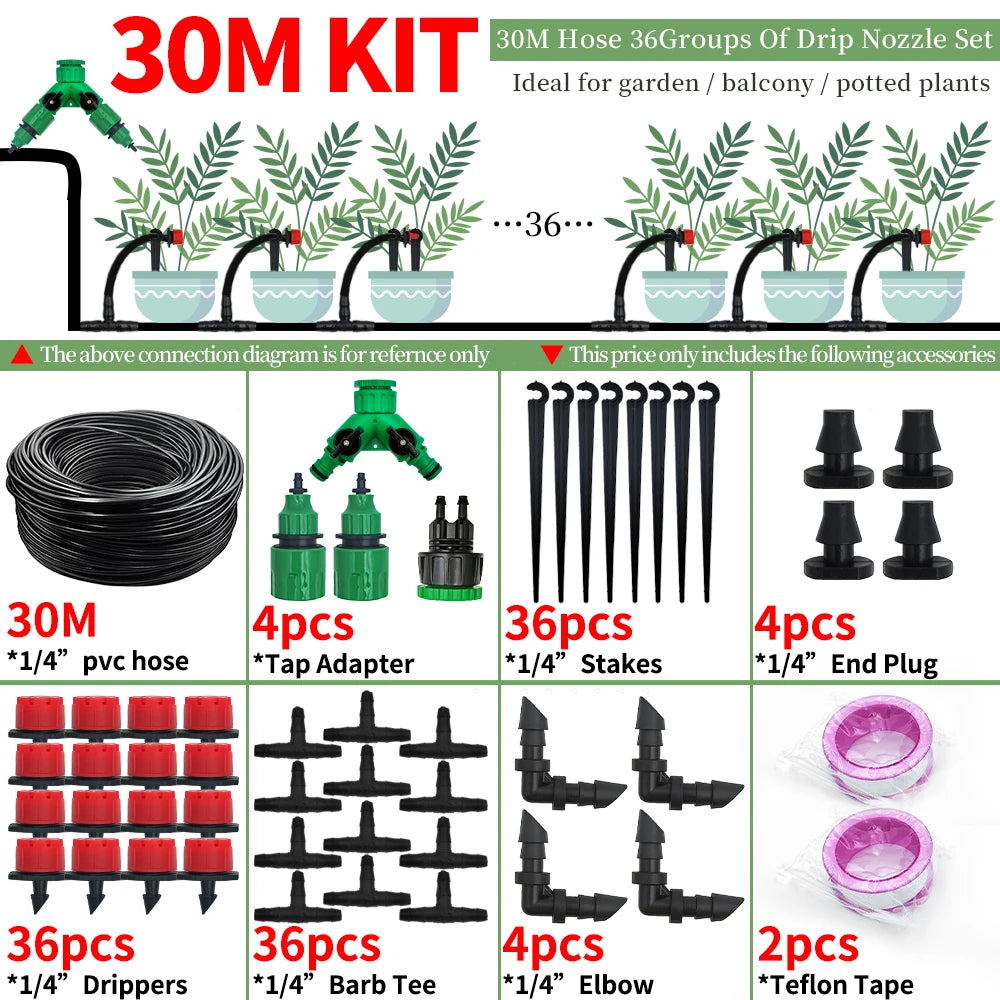 Drip irrigation kit set with coiled 30M hose, adapters, stakes, and barb tees