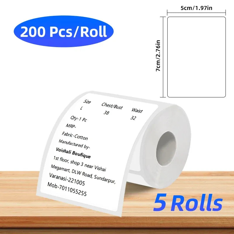 White coreless thermal label roll with product info sticker, self-adhesive, 200 pcs/roll